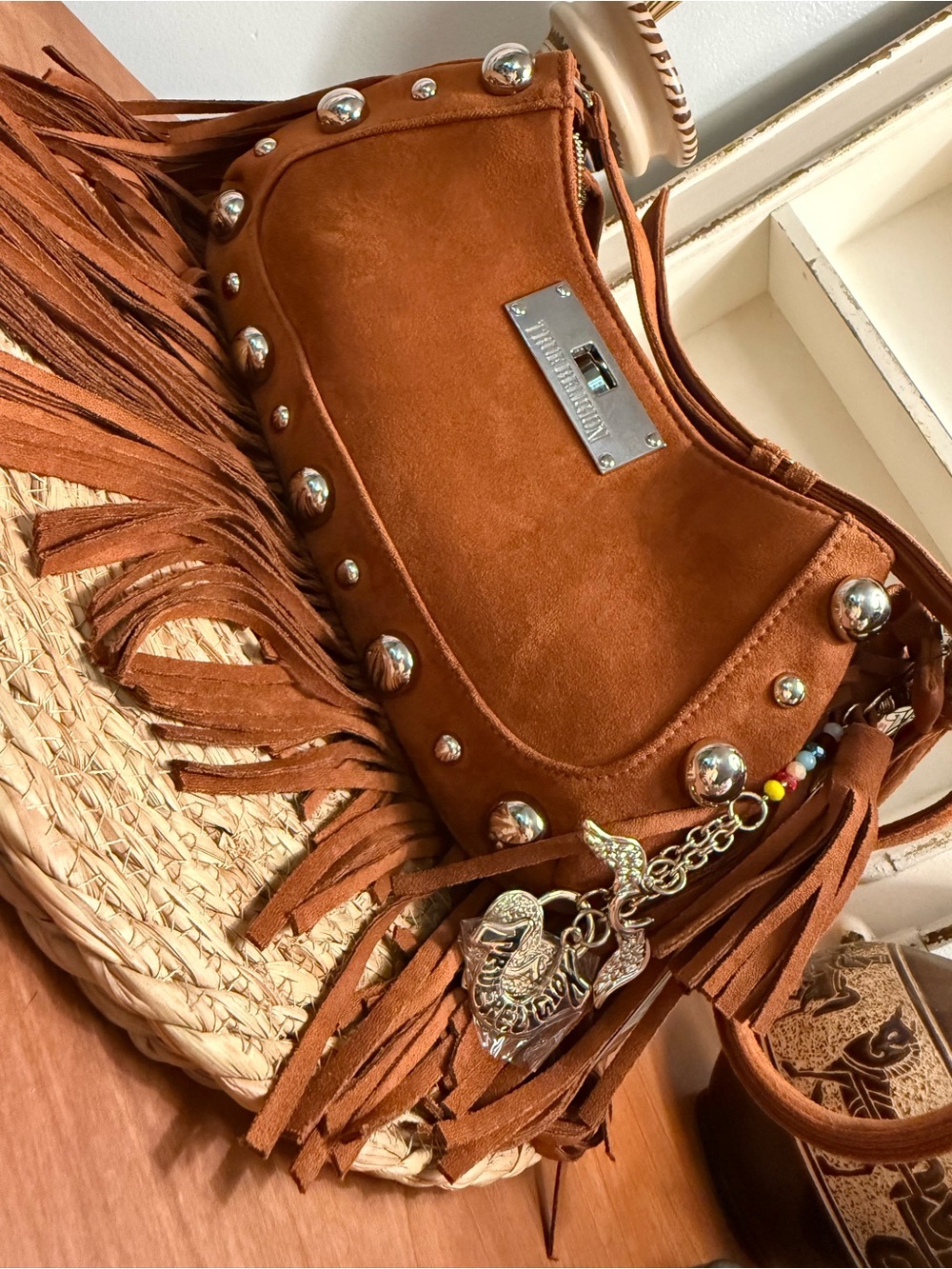 True Religion Rust Brown Suede Fringe Shoulder Bag with Studs - Picture 13 of 13